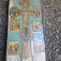 Russian Orthodox bronze and enamel blessing cross (staurotheke) depicting ‘The Crucifixion with Passion Scenes’