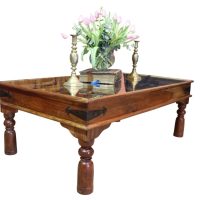 18th Century Indian Teak and Metal Panel Door Coffee Table with Glass Top