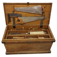 19th Century Carpenters Pine Tool Chest and Tools The chest is in pin