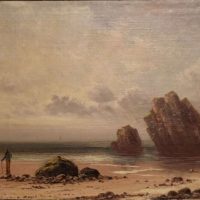 19th Century Coastal Oil Painting – Figures on a Rocky Beach with Dramatic Sea Stacks