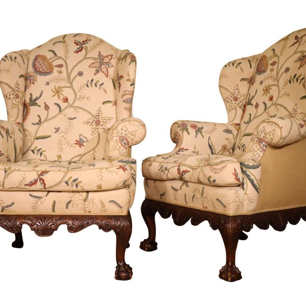 19thc Pair of Large Walnut Framed Wingback Armchairs