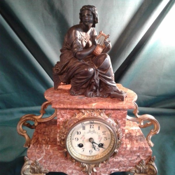 French Art Nouveau rouge marble mantle clock