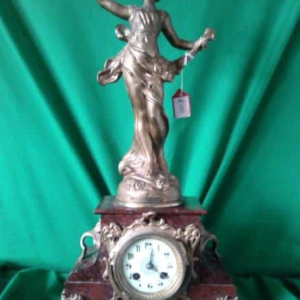 Art Nouveau rouge marble statue mantle clock