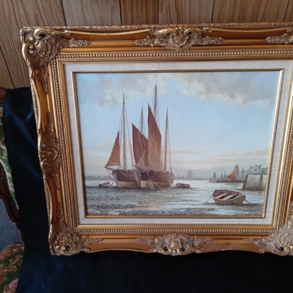 A STUNNING OIL on CANVAS PAINTING&#8211;BOATS AT LOW TIDE