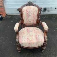 ARMCHAIR VICTORIAN CARVED WALNUT FRAMED