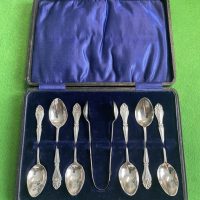Set of 6 Silver Teaspoons with Sugar Tonges,1917, Birmingham by A.J. Bailey