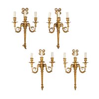 Set of Four Adam Style Three Arm Gilded Wall Sconces