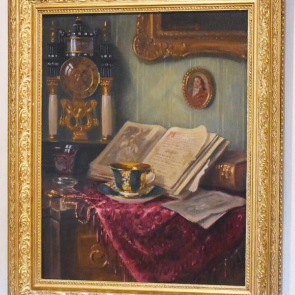 Still Life Oil Painting Interior Scene Of Table Teacup Portico Clock