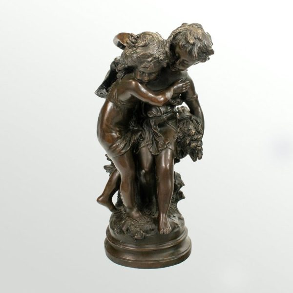 Bronze Statue of Two Children holding a Bouquet of Flowers, signed by Auguste Moreau.