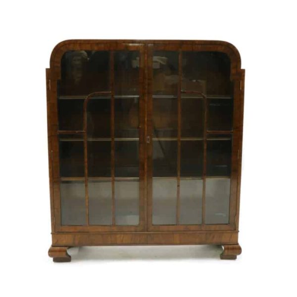 Antique Art Deco Walnut Astragal Glazed Bookcase Cabinet, c 1930