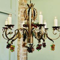 6 Branch Iron Candelier Hung with Coloured Crystal Fruits, Grapes, Apples and Pears