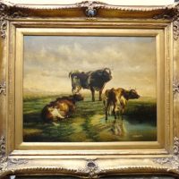 Cattle Resting By Heinrich Harder (1858-1935 German ) 19th Landscape Oil Painting Of A Bull