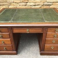 Arts &amp; Crafts Antique Oak Pedestal Partners Desk, Gilt Leather Top, circa 1870