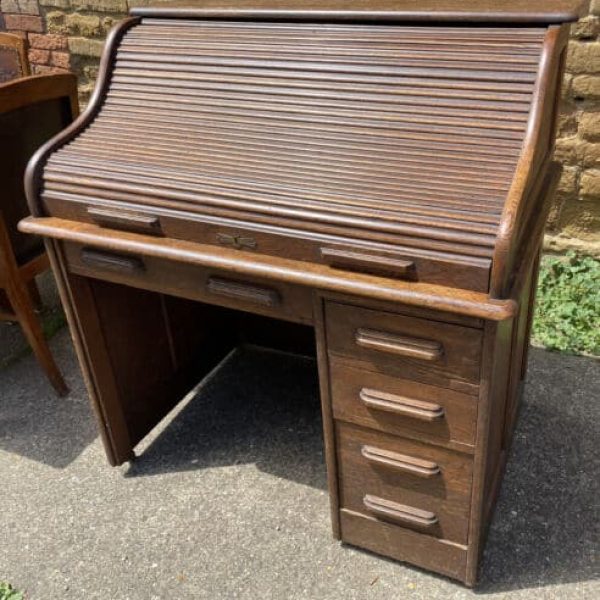Antique Edwardian Oak Roll top Rolltop Pedestal Desk, c 1930