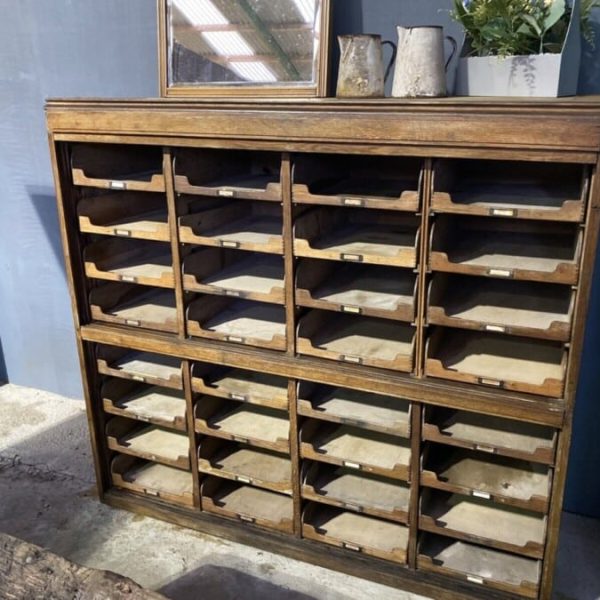 Antique English Pine &amp; Oak Shop Haberdashery Bank of 32 Drawers, c1920