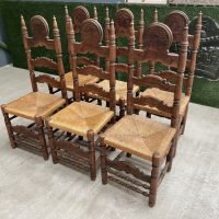 Vintage Set of Six 6 Fruitwood &amp; Rush Seated Heraldic Dining Chairs