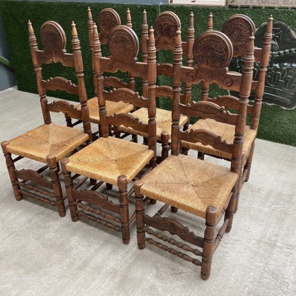 Vintage Set of Six 6 Fruitwood &amp; Rush Seated Heraldic Dining Chairs