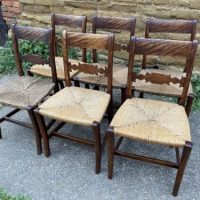 Antique Set of Six English Country Walnut &amp; Rush Seated Dining Chairs, c1830