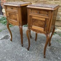 Antique Pair Walnut &amp; Marble Bedside Nightstand Cupboards, c 1870