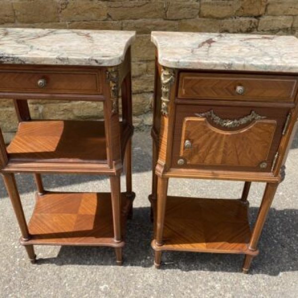 Antique Pair French Louis Philippe Walnut &amp; Marble Bedside Nightstand Cupboards