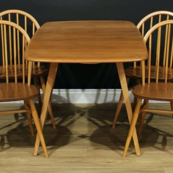 Antique Vintage Ercol Elm & Beech Windsor Dining Table & Four 4 Chairs, c 1960