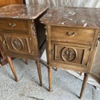 Antique Pair French Walnut &amp; Marble Bedside Nightstands, c 1900