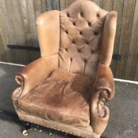 Victorian Leather Antique Brown Wing Fireside Chair