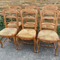 Vintage Set of Six French Rush Seated Dining Chairs, c 1920