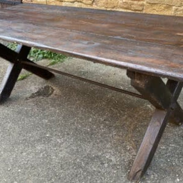 Antique Pine X Frame Tavern Pub Refectory Table, c 1800