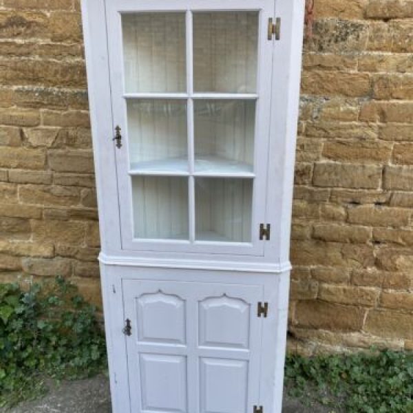 Vintage Oak French Painted Corner Cupboard