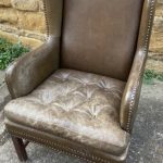 Antique Brown Leather Club Wingback Armchair, c 1920