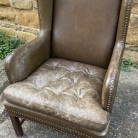 Antique Brown Leather Club Wingback Armchair, c 1920
