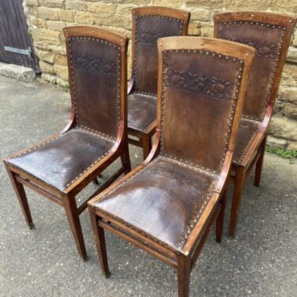 Antique Set of Four 4 Austrian Art Nouveau Leather Dining Chairs, c1900