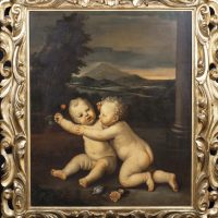 Huge 19th Cherub Painting Children Sitting Holding Rose Rudolphine School Putti Baroque Portraits After Domenico Zampieri 1581–1641