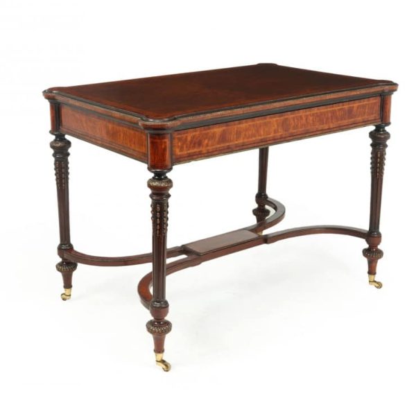 Antique English Burr Walnut Inlaid Writing Table c1880