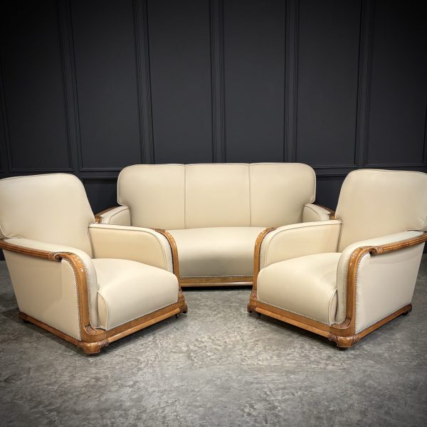 Art Deco Walnut &amp; Leather 3-Piece Suite