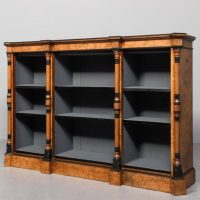 Outstanding quality Arts and Crafts influence burr walnut three-section low, open bookcase