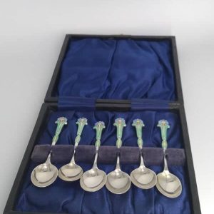 Boxed Set of Six Birmingham Silver Enamel Spoons 6