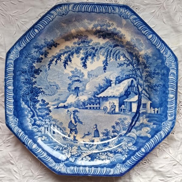Antique English Georgian Blue &amp; White Transfer Plate ~ &#8220;Returning Woodman&#8221; ~ Brameld &amp; Co.