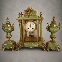 French Napoleon III Onyx and Ormolu Portico Mantel Clock Garniture