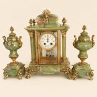 French Napoleon III Onyx and Ormolu Portico Mantel Clock Garniture