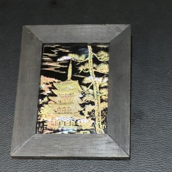 Japanese miniature Carved mother of Pearl Pagoda framed work