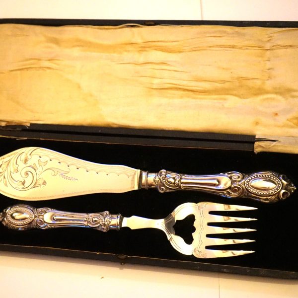 c.1900 Ornate Silver Plate Fish Servers Boxed Set- Engagement / Wedding Present