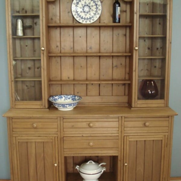 Edwardian Pine Dresser with glazed cupboards flanking the open rack.