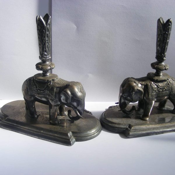 Exquisite Elephants: rare PAIR Anglo Indian Desk Pen Holders or Incense Burners c1910 British Raj India Silver Plated