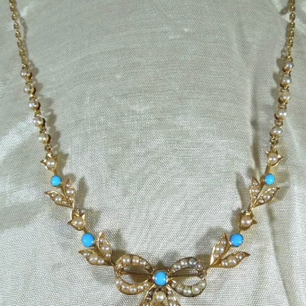 15ct Gold, Turquoise and Seed Pearl Necklace