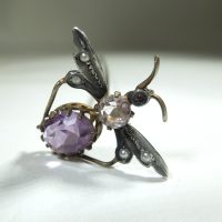 Silver Insect Hatpin set with Garnet, Amethyst and Seed Pearls