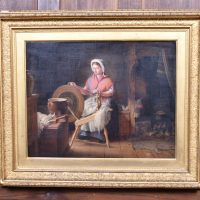 James Kyd Oil on Panel – Spinning Maid in a Highland Cottage SAI4117