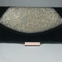 SOLD Vintage Art Deco Style Black Velvet and Silver Glass Bead Clutch Purse