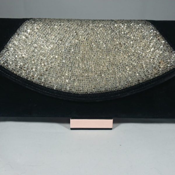 SOLD Vintage Art Deco Style Black Velvet and Silver Glass Bead Clutch Purse